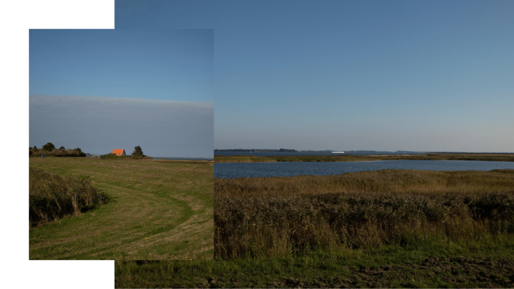 Wanderung auf Hiddensee im Herbst, Blick auf die Faehrinsel und in Richtung Vitte