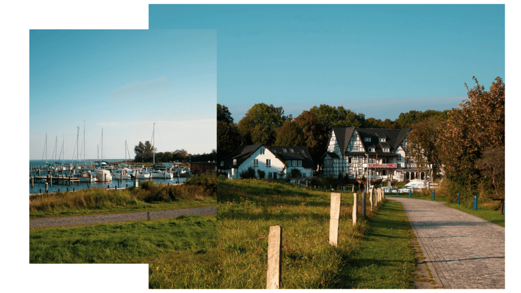 Wanderung auf Hiddensee im Herbst über den Deich, Blick auf das Hotel Hitthim