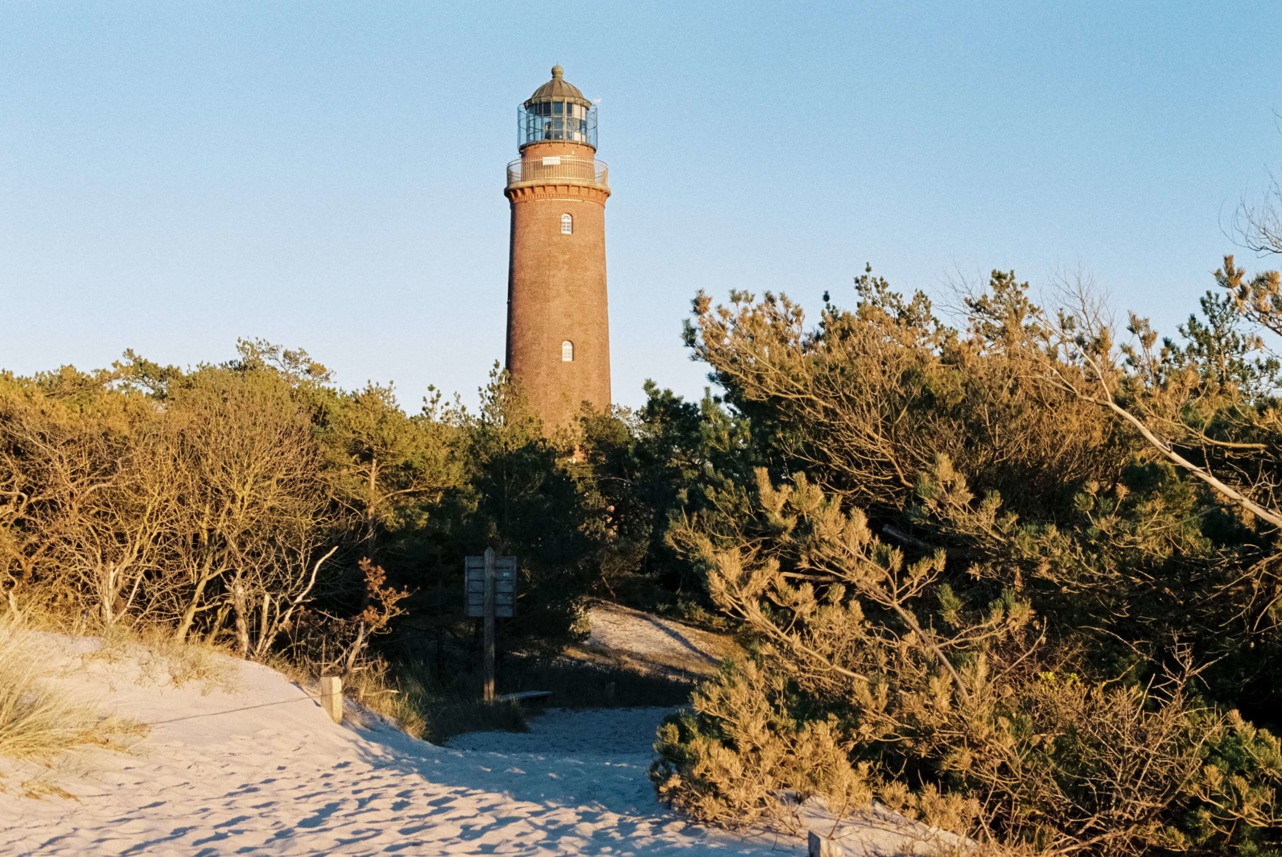 Leuchtturm Darßer Ort im Licht mit Strand und Dünenwald